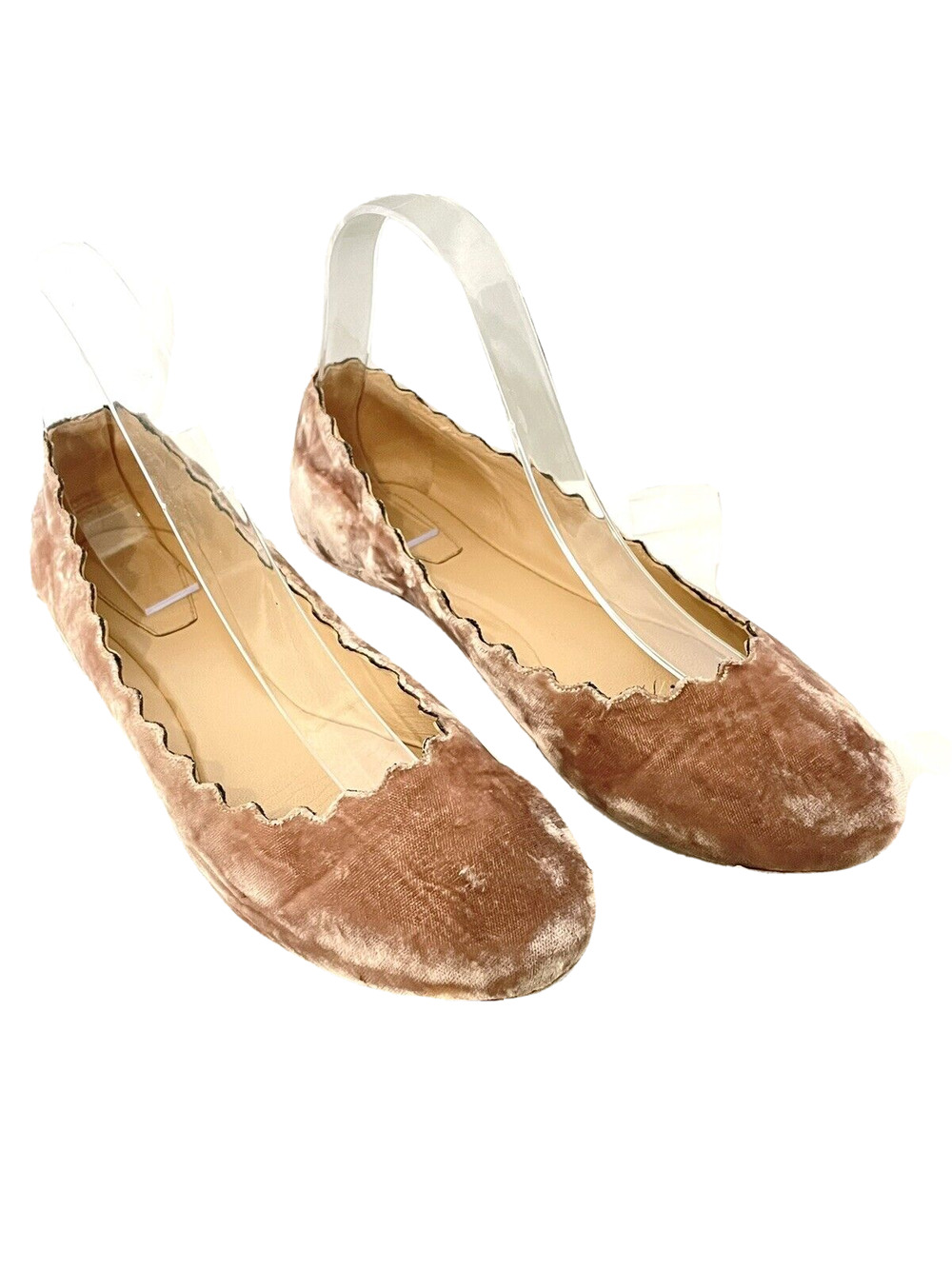 Chloe Lauren Ballet Flats Scalloped Crushed Velvet Leather Tan Rose Size 37